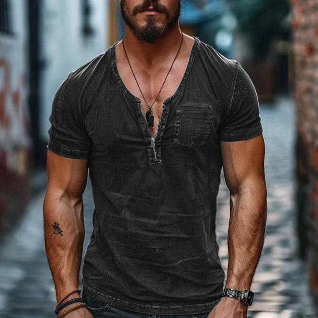 Men's Cotton Washed T-Shirt | Short Sleeve | Zippered Neck | Patch Pocket | Casual Wear | Premium Fabric | Breathable Comfort | Modern Style | Easy Maintenance | Versatile | Ideal for Everyday Outings