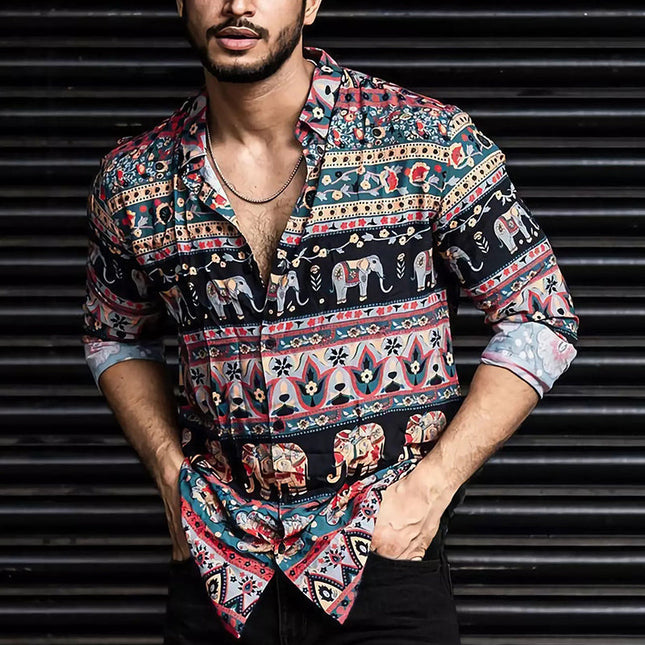 Men's Retro Colorblock Shirt | Long Sleeve Casual Dress Shirt | Vintage Print | Bold Colorblock Pattern | Cotton Blend | Regular Fit | Button-Down Collar | Classic Neckline | 01305362U