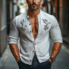 Men's Casual Relaxed Fit Shirt | Cotton Linen Blend | Long Sleeve | Round Neck | Intricate Embroidery | Moisture-Wicking | Versatile Style | Soft Touch Fabric | Easy Care | Day to Night Transition | Sizes Available
