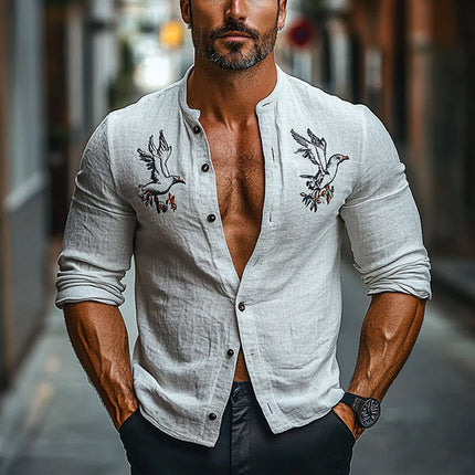 Men's Casual Relaxed Fit Shirt | Cotton Linen Blend | Long Sleeve | Round Neck | Intricate Embroidery | Moisture-Wicking | Versatile Style | Soft Touch Fabric | Easy Care | Day to Night Transition | Sizes Available
