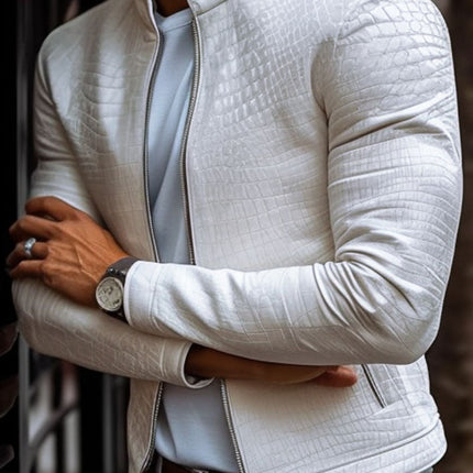 Men's Slim Fit Leather Jacket | Stone Pattern | Stand Collar | Zipper Closure | Fashion Outerwear | Premium Leather | Versatile Style | Distinctive Design | Multiple Pockets