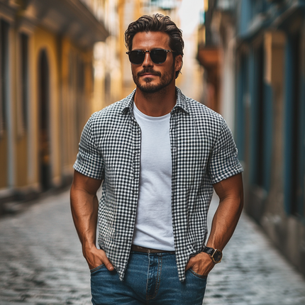 Men's Vintage Plaid Shirt | Cotton Fabric | Loose Fit | Lapel Collar | Short Sleeves | Breathable & Comfortable | Retro Style | Casual Wear | Easy Care | Versatile | Ideal for Warm Weather | Multiple Sizes