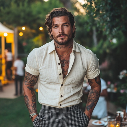 Men's Linen Short Sleeve Shirt | Breathable Vacation Attire | Loose Fit with Slim Cut | Lapel Collar Design | Lightweight Moisture-Wicking Fabric | Ideal for Summer | Casual & Versatile | Comfortable & Stylish Wear