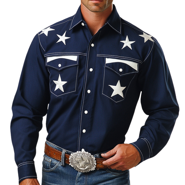 Men's Vintage Western Cowboy Shirt | Star Embroidered Lapel | Long Sleeve | High-Quality Cotton | Tailored Fit | Available in S to 3XL | Ideal for Casual & Western-Themed Events | Classic Charm & Modern Comfort