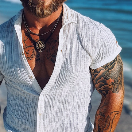 Men's Short Sleeve Striped Textured Lapel Shirt | High-Quality Fabric | Breathable & Lightweight | Stylish Elegant Design | Versatile Casual to Semi-Formal | Comfortable Fit | Perfect for Modern Man's Wardrobe