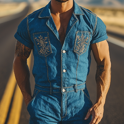 Men's Jumpsuit | Summer Fashion | Retro Western Cowboy Style | Pocket Embroidery | High-Quality Breathable Fabric | Relaxed Fit | Versatile Styling Options | Functional Pockets | Ideal for Casual Outings