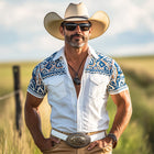 Men's Button-Down Shirt | Western Cowboy Style | Aztec Print | Short Sleeve | Relaxed Fit | Breathable Cotton Blend | Classic Lapel Collar | Bold Southwestern Design | Summer | Music Festivals | Casual Outings