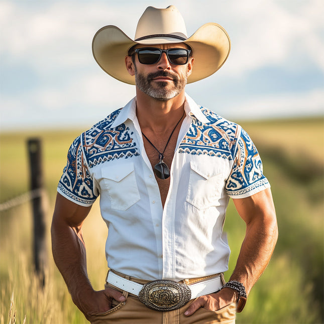 Men's Button-Down Shirt | Western Cowboy Style | Aztec Print | Short Sleeve | Relaxed Fit | Breathable Cotton Blend | Classic Lapel Collar | Bold Southwestern Design | Summer | Music Festivals | Casual Outings