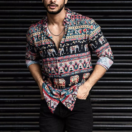 Men's Retro Colorblock Shirt | Long Sleeve Casual Dress Shirt | Vintage Print | Bold Colorblock Pattern | Cotton Blend | Regular Fit | Button-Down Collar | Classic Neckline | 01305362U