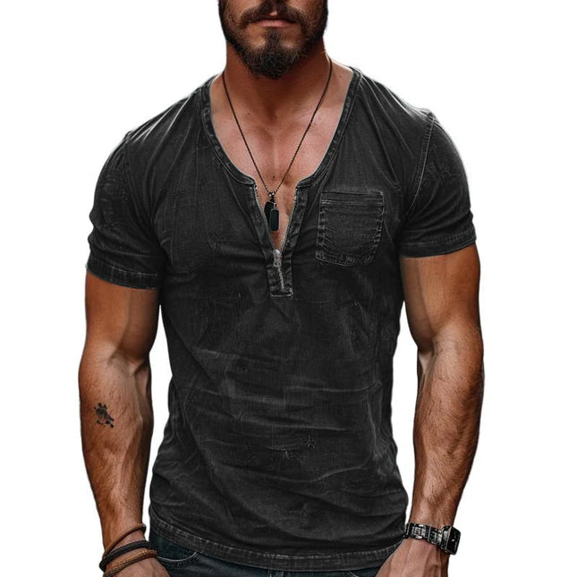 Men's Cotton Washed T-Shirt | Short Sleeve | Zippered Neck | Patch Pocket | Casual Wear | Premium Fabric | Breathable Comfort | Modern Style | Easy Maintenance | Versatile | Ideal for Everyday Outings