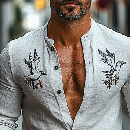 Men's Casual Relaxed Fit Shirt | Cotton Linen Blend | Long Sleeve | Round Neck | Intricate Embroidery | Moisture-Wicking | Versatile Style | Soft Touch Fabric | Easy Care | Day to Night Transition | Sizes Available