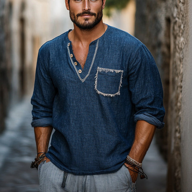Men's Vintage Style T-shirt | Navy V-neck | Long Sleeve | Retro Casual Design | Soft Cotton Blend | Versatile Outfit | Comfortable Fit | Timeless Fashion | Sizes S to 3XL | Classic Men's Wardrobe Essential