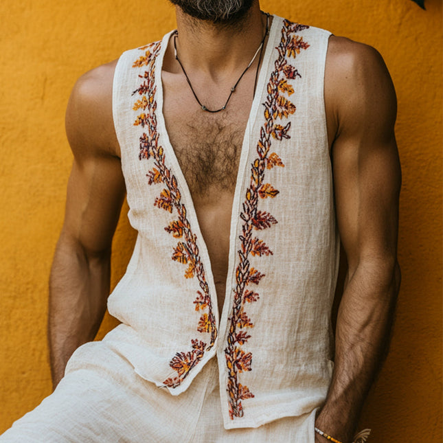 Men's Ethnic Print Sleeveless Linen Tank Top | Retro V-Neck Casual Shirt | Breathable Soft Fabric | Comfortable Fit | Summer Fashion | Versatile Vintage Style