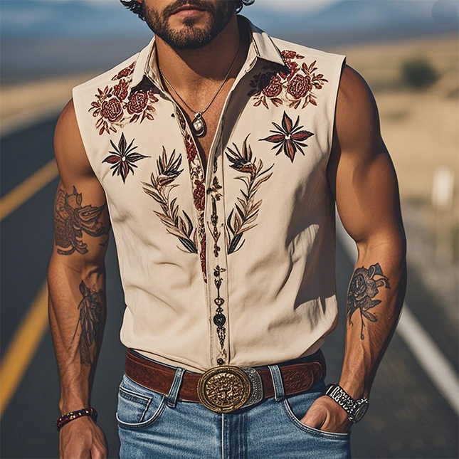 Men's Sleeveless Shirt | Retro Western Style | Embroidery Cotton Blend | Summer Fashion Top | Soft Breathable Fabric | Casual Vintage Look | Comfortable Fit | Versatile Styling | Classic Design