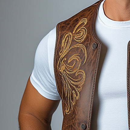 Men's Western Cowboy Leather Vest | Embroidered Summer Style | High-Quality Durable Leather | Lightweight & Breathable | Button-Down Closure | Traditional Western Patterns | Stylish Outerwear