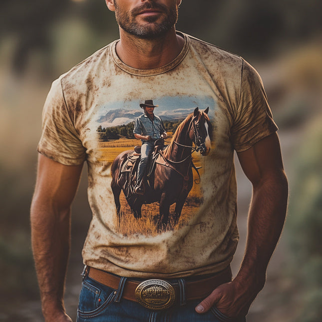 Men's Western Retro Print T-Shirt | Round Neck | Cowboy Style | Summer Casual Shirt | Soft Cotton-Blend | Short Sleeves | Comfortable Fit | S-3XL