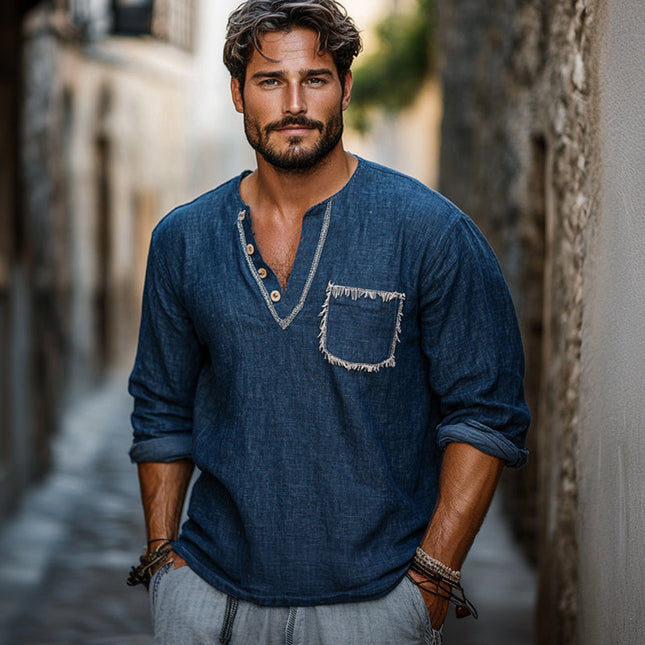 Men's Vintage Style T-shirt | Navy V-neck | Long Sleeve | Retro Casual Design | Soft Cotton Blend | Versatile Outfit | Comfortable Fit | Timeless Fashion | Sizes S to 3XL | Classic Men's Wardrobe Essential