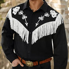Men's Black Long Sleeve Shirt | Embroidered Tassel Accents | Casual Bohemian Style | Cotton Material | Lapel Collar | Button-Down Closure | Regular Fit | Versatile Fashion for Year-Round Wear