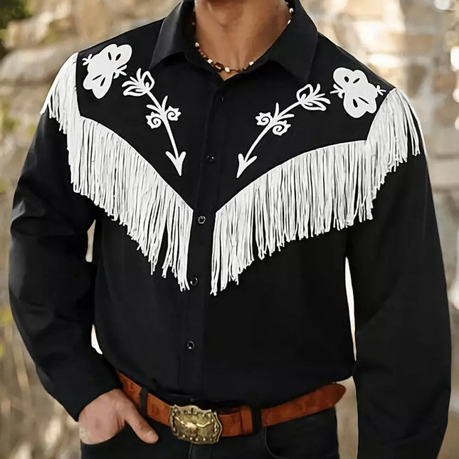 Men's Black Long Sleeve Shirt | Embroidered Tassel Accents | Casual Bohemian Style | Cotton Material | Lapel Collar | Button-Down Closure | Regular Fit | Versatile Fashion for Year-Round Wear