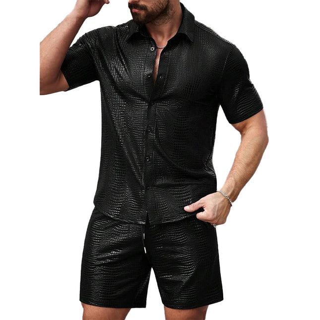 Men's Two-Piece Set | Textured Leather | Short-Sleeved Shirt & Shorts | Bold Fashion Statement | High-Quality Material | Modern Design | Perfect for Night Outs & Parties