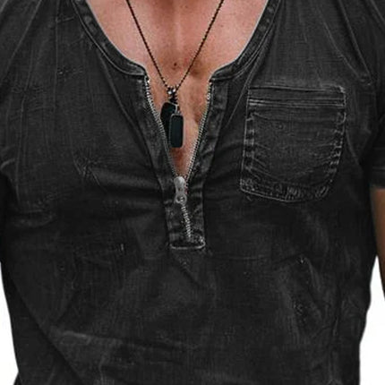 Men's Cotton Washed T-Shirt | Short Sleeve | Zippered Neck | Patch Pocket | Casual Wear | Premium Fabric | Breathable Comfort | Modern Style | Easy Maintenance | Versatile | Ideal for Everyday Outings