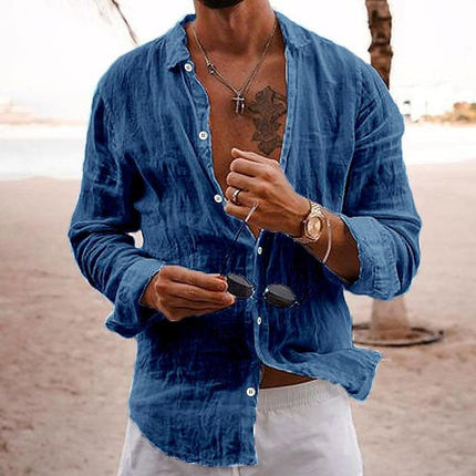 Men's Breathable Long Sleeve Shirt | Cotton Linen Blend | Solid Color | Lapel Collar | Casual Comfort | Easy Care | Versatile Style