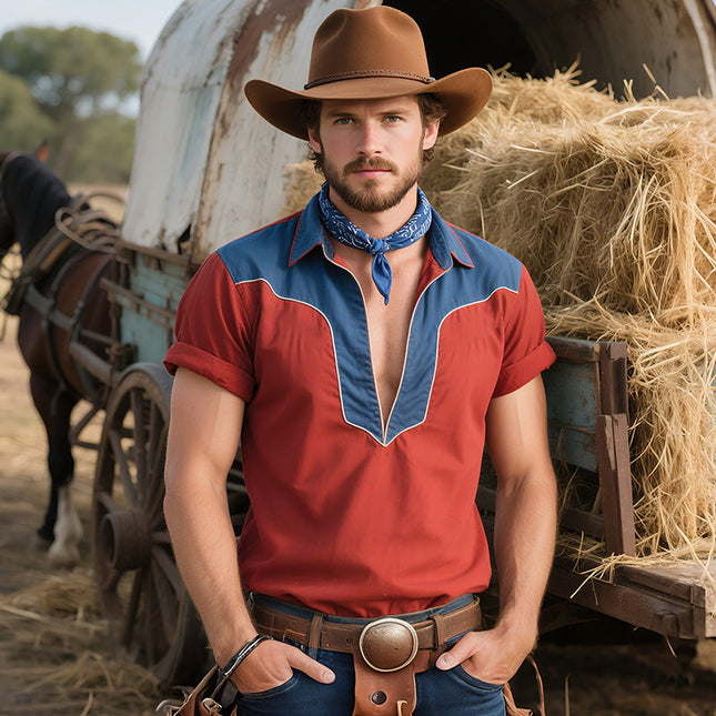Men's Western Style Colorblock Lapel Short Sleeve Shirt | Retro Casual Cowboy Design | Breathable Cotton | Vintage Flair | Ideal for Spring & Summer | Available in S-3XL | Stylish Men's Button Down Top