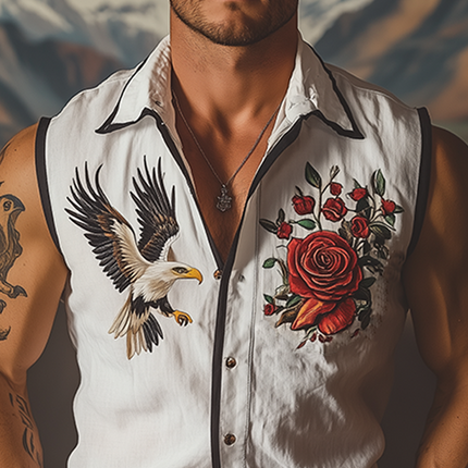 Men's Sleeveless Shirt | Retro Western Style | Rose & Eagle Embroidery | Cotton Linen Blend | Summer Fashion | Casual Wear | Breathable Fabric | Lightweight & Comfortable | Versatile Styling | Relaxed Fit