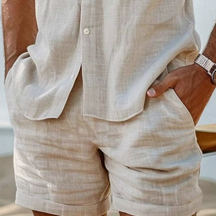 Men's Linen Sleeveless Shirt Set | Casual Lapel Top & Loose Elastic Waist Shorts | Lightweight Breathable Summer Outfit | Beach & Casual Wear