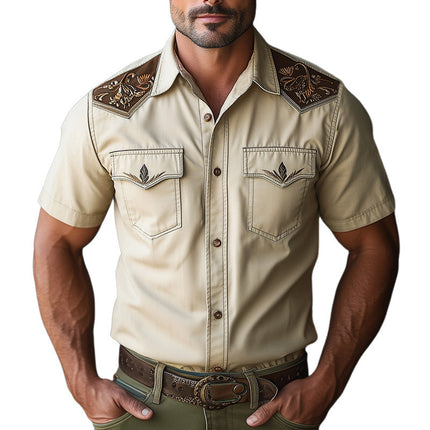 Men's Western Cowboy Shirt | Embroidered Short Sleeve | Cotton Casual Button-Down | Classic Wild West Style | Breathable Summer Wear | Front Yoke Design | S to 3XL Sizes | Country Music Festival Fashion