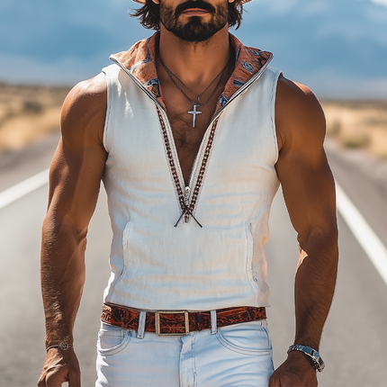 Men's Retro Western Cowboy Style Tank Top | Suede Hooded | Deep V-Neck | Printed Ribbon Accents | Sleeveless | Soft Faux Suede Texture | Spring and Summer Fashion