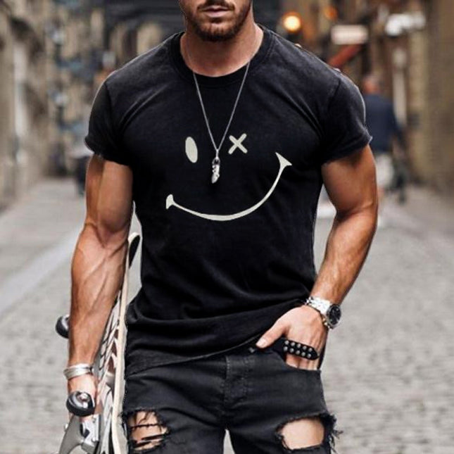 Men's Vintage Smiley Face T-Shirt | Round Neck | Short Sleeve | Cotton Blend | Casual Summer Style