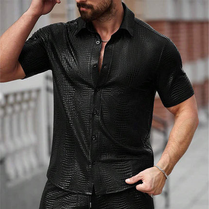 Men's Two-Piece Set | Textured Leather | Short-Sleeved Shirt & Shorts | Bold Fashion Statement | High-Quality Material | Modern Design | Perfect for Night Outs & Parties