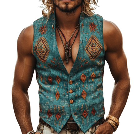 Men's Geometric Print Stand Collar Vest | Retro Ethnic Style | Casual Linen Outerwear | Sleeveless Breathable Design | Perfect for Spring and Summer | Comfortable and Durable | Versatile Fashion Piece