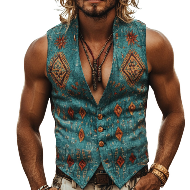 Men's Geometric Print Stand Collar Vest | Retro Ethnic Style | Casual Linen Outerwear | Sleeveless Breathable Design | Perfect for Spring and Summer | Comfortable and Durable | Versatile Fashion Piece
