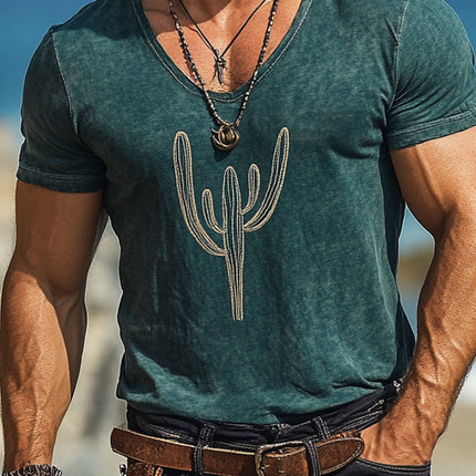 Men's Short Sleeve T-Shirt | Cactus Embroidered Cotton Blend | Casual and Comfortable | Stylish Design | Soft Breathable Fabric | Versatile Fit | Perfect for Everyday Wear