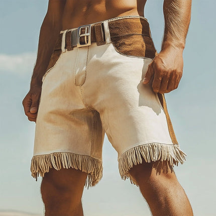 Men's Western Cowboy Style Shorts | Colorblock Suede Tassel Design | Summer Fashion | Knee Length | Premium Cotton Blend | Decorative Tassels | Available in Multiple Sizes | Machine Washable | Practical Pockets
