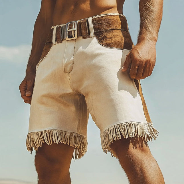 Men's Western Cowboy Style Shorts | Colorblock Suede Tassel Design | Summer Fashion | Knee Length | Premium Cotton Blend | Decorative Tassels | Available in Multiple Sizes | Machine Washable | Practical Pockets