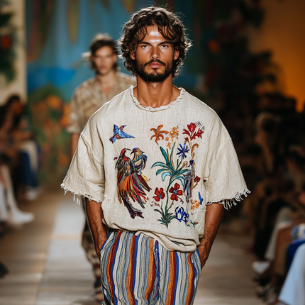 Men's Embroidered Cotton & Linen T-Shirt | Round Neck | Short Sleeves | Casual & Breathable | Stylish & Comfortable | Elegant Embroidery