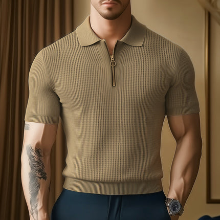 Men's Knitted Zip-Neck T-Shirt | Summer Business Casual Top | Textured Lightweight Fabric | Breathable Short Sleeve | Versatile Professional Style | Available in Sizes S to 3XL