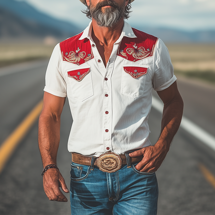 Men's Retro Western Cowboy Shirt | Cotton Linen Blend | Slim Fit | Lapel Collar | Embroidery Detail | Short Sleeves | Spring Summer Fashion | Comfort & Style | Breathable Fabric | Smart-Casual Edge