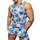Men's Tropical Coconut Print Two-Piece Set | Mesh Tank Top & Shorts | Retro Crew Neck | Casual Summer Outfit | Elastic Waist | Breathable Activewear | Perfect for Beach & Pool Parties