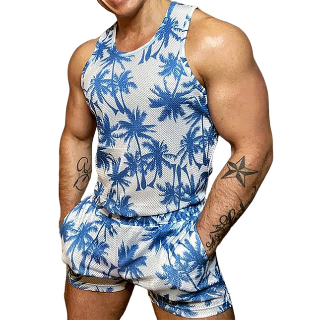 Men's Tropical Coconut Print Two-Piece Set | Mesh Tank Top & Shorts | Retro Crew Neck | Casual Summer Outfit | Elastic Waist | Breathable Activewear | Perfect for Beach & Pool Parties