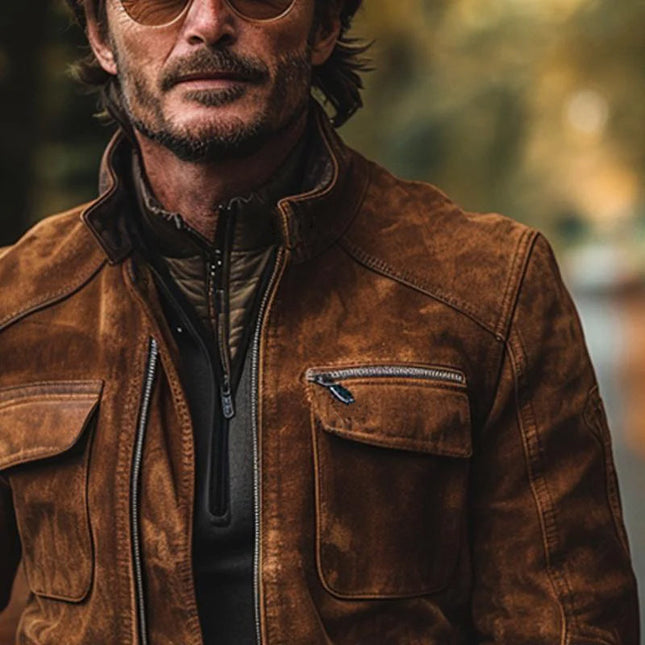 Men's Vintage Suede Jacket | Stand Collar | Zip-Up | Long Sleeve | Premium Suede | Casual & Semi-Formal | Soft & Durable Fabric | Full-Length Front Zipper | Pockets with Secure Closure | Interior Lining | Classic Design