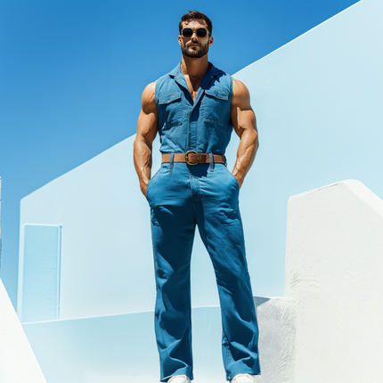 Men's Sleeveless Slim Fit Jumpsuit | Washed Cotton | Lapel Flap Pocket | Casual Fashion | Breathable Fabric | Warm Weather Style | Multiple Sizes | Easy Care | Versatile Colors | Perfect for Beach Outings