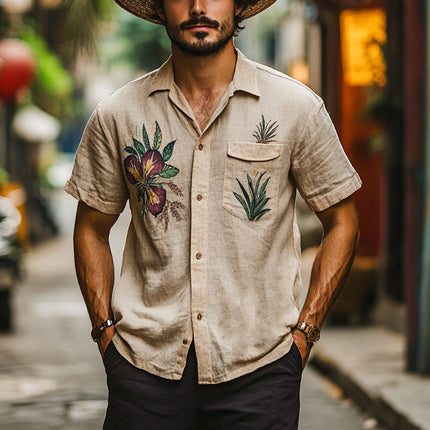 Men's Vintage Western Shirt | Botanical Print | Short Sleeve | Casual Button Down | Breathable Fabric | Relaxed Fit | Stylish Retro Design | Comfortable Everyday Wear | Ideal for Summer Outings | Fashionable Statement Piece