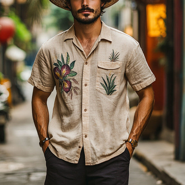 Men's Vintage Western Shirt | Botanical Print | Short Sleeve | Casual Button Down | Breathable Fabric | Relaxed Fit | Stylish Retro Design | Comfortable Everyday Wear | Ideal for Summer Outings | Fashionable Statement Piece