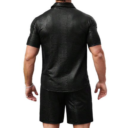 Men's Two-Piece Set | Textured Leather | Short-Sleeved Shirt & Shorts | Bold Fashion Statement | High-Quality Material | Modern Design | Perfect for Night Outs & Parties