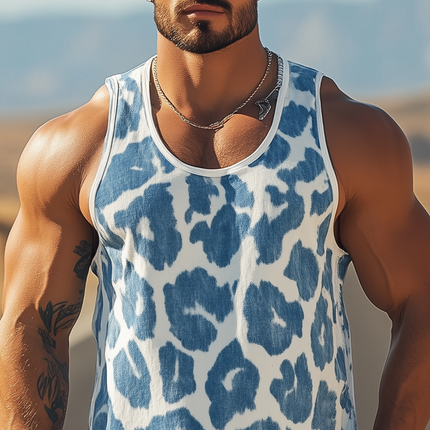 Men's Retro Western Style Tank Top | Leopard Jacquard Denim | U-Neck Design | Sleeveless Fit | Fashionable Cowboy Look | Vintage Streetwear | Durable & Breathable | Tailored Fit