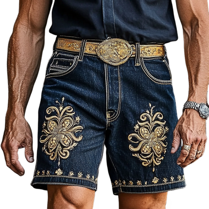 Men's Retro Embroidered Denim Shorts | Vintage Inspired Casual Wear | Straight Leg Comfortable Fit | Durable High-Quality Denim | Above the Knee Length | Customizable Waistband | Summer Festival and Weekend Style
